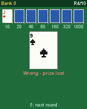Hi-Lo Cards running in MicroEmulator